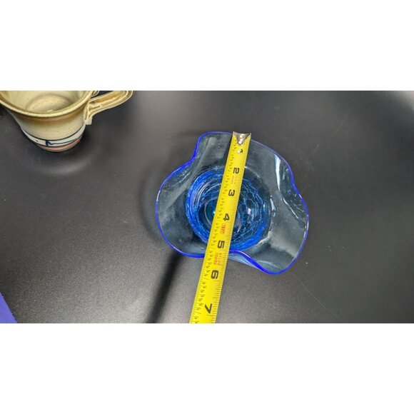 Handcrafted Blue Crackle Art Glass Bowl With Flared Rim Decoration - Picture 11 of 11